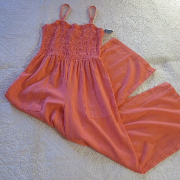 Universal Thread Jumpsuit S Coral/Orange Smocked Linen Blend Pockets - Picture 2 of 8